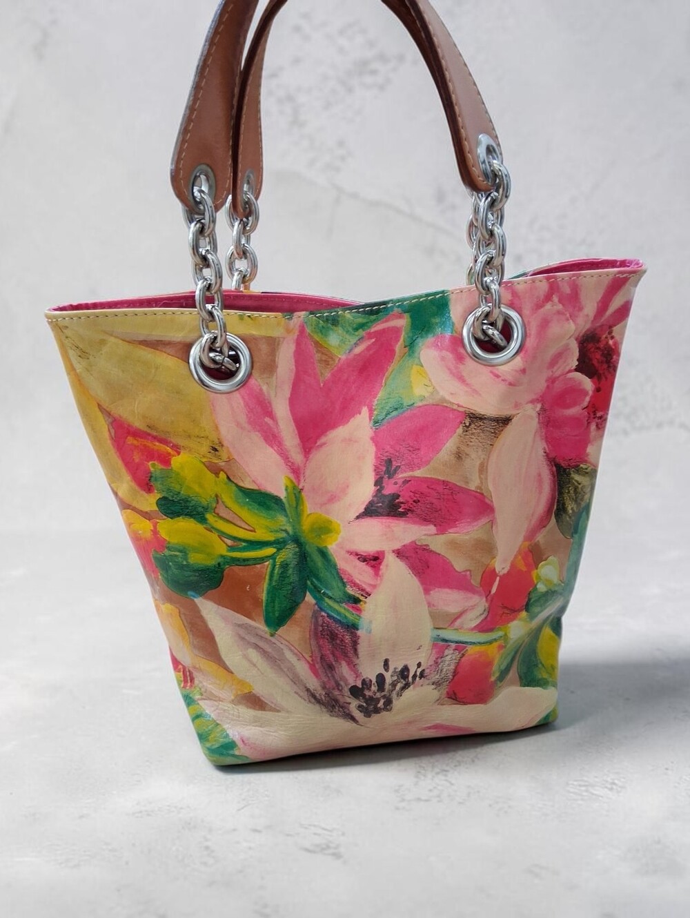 Maurizio Taiuti Italy Hand Painted Floral Genuine Leather Tote Bag Chain Handle